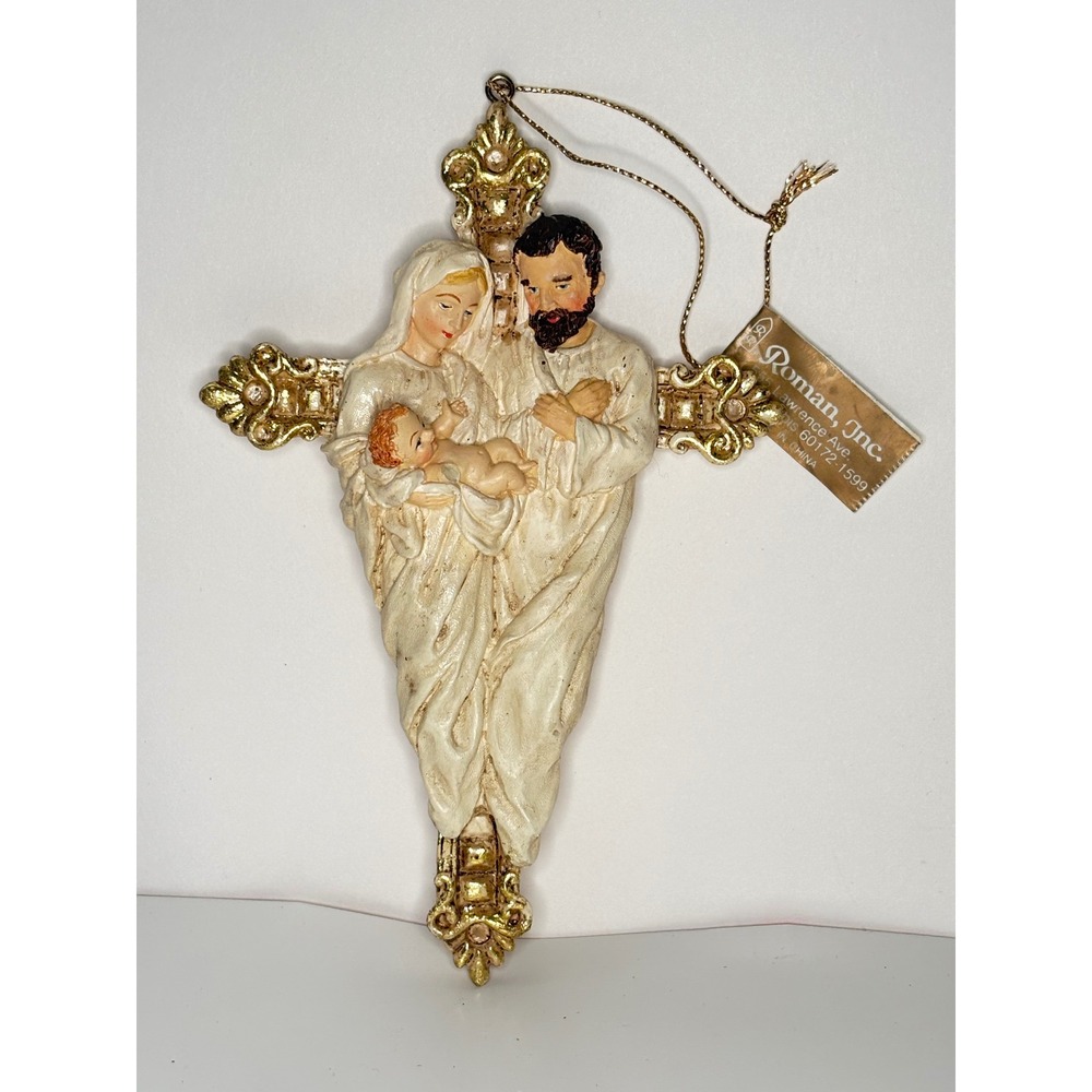 Vintage Holy Family Nativity Christmas Ornament Gold Cross Religious Resin